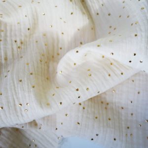 Tissu double gaze coton écru imprimé pois dorés